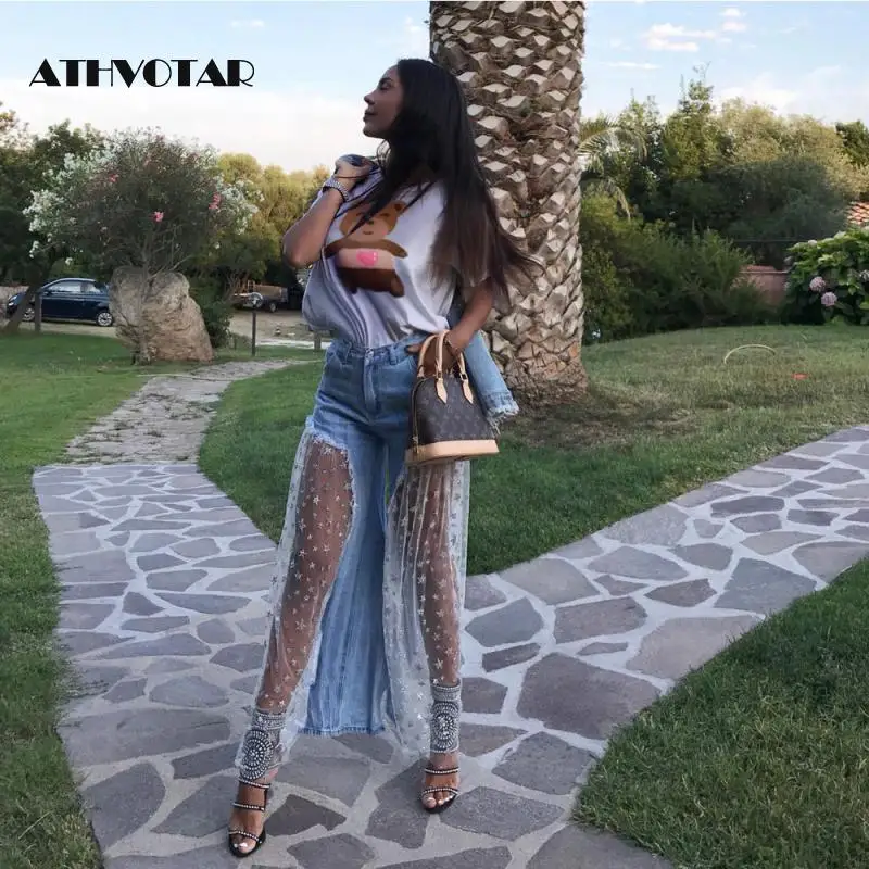 Женские джинсы с широкими штанинами ATHVOTAR повседневные свободные сетчатым