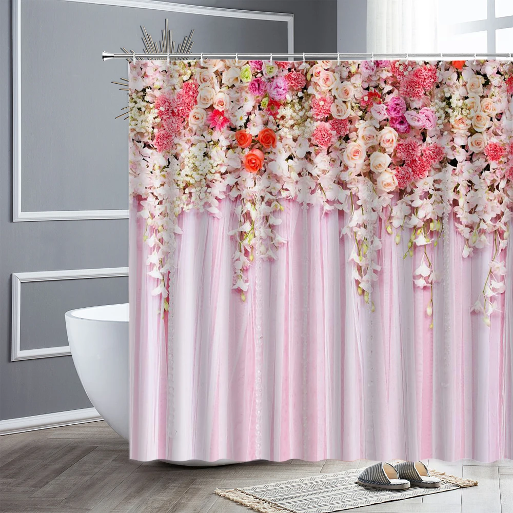 floral shower curtain set purple lavender pink rose simple flowes bathroom decor polyester curtains photography background cloth free global shipping