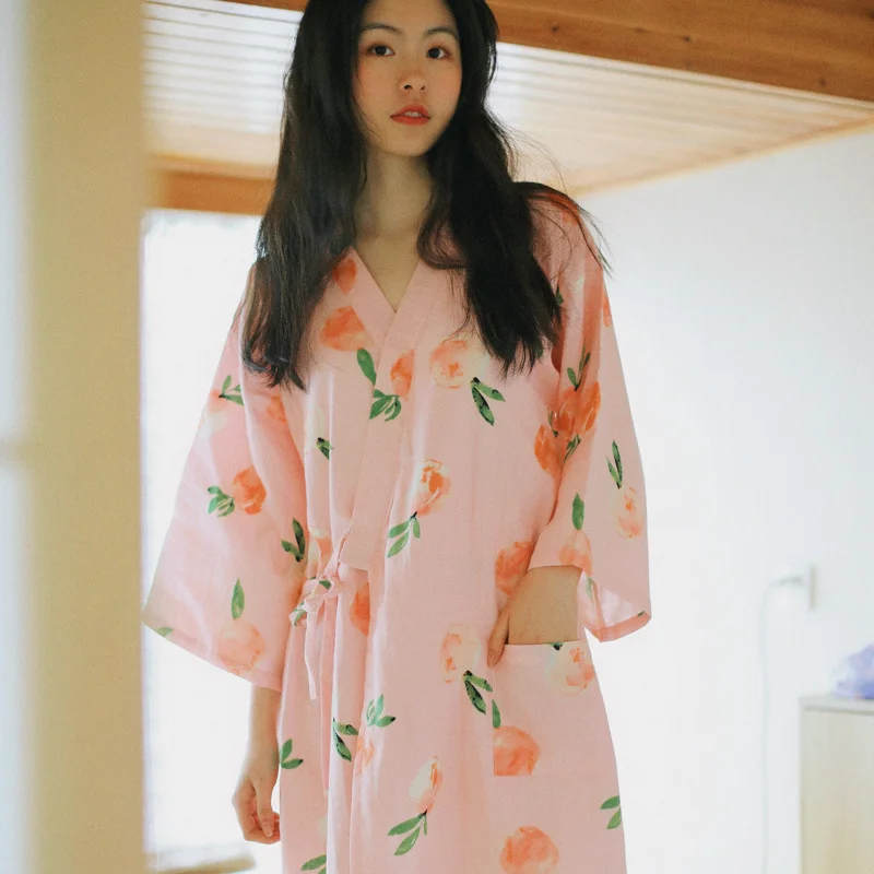 

Fresh! Japanese Style Spring/Summer Kimono Pajamas Women's Cotton Cropped Sleeves Gauze Nightdress Loose Sweat Steaming Bathrobe