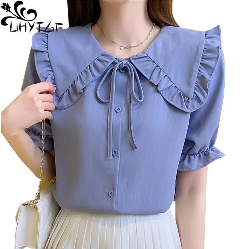 

UHYTGF Blouse Women Short-Sleeved Bow Chiffon Shirt Female Thin Summer Top Ladies Short Loose Size Blouses Blusas Y Camisas 1681