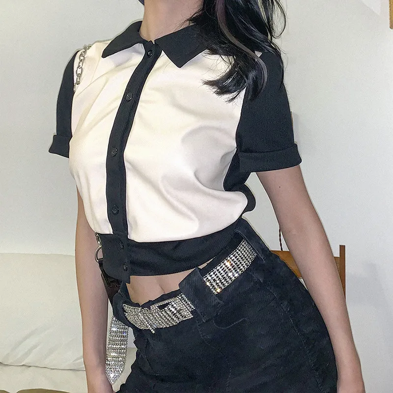 

Women Summer Short Sleeve T-shirt Lapel Black and White Stitching Button Crop Tops Lady Sexy Party Clubwear