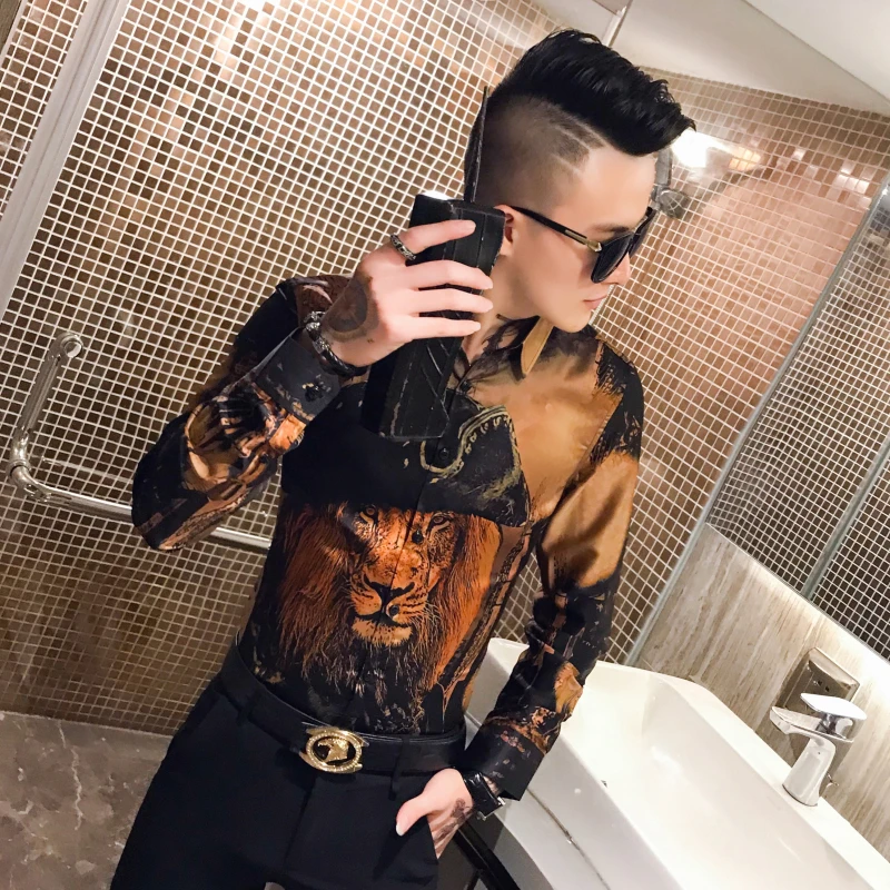 Мужская рубашка с головой льва, DJ Singer Camisa Homem Prom Camisa Masculina, Роскошная золотая рубашка с принтом животных, мужская рубашка с длинными рукавами, вечерние Клубные