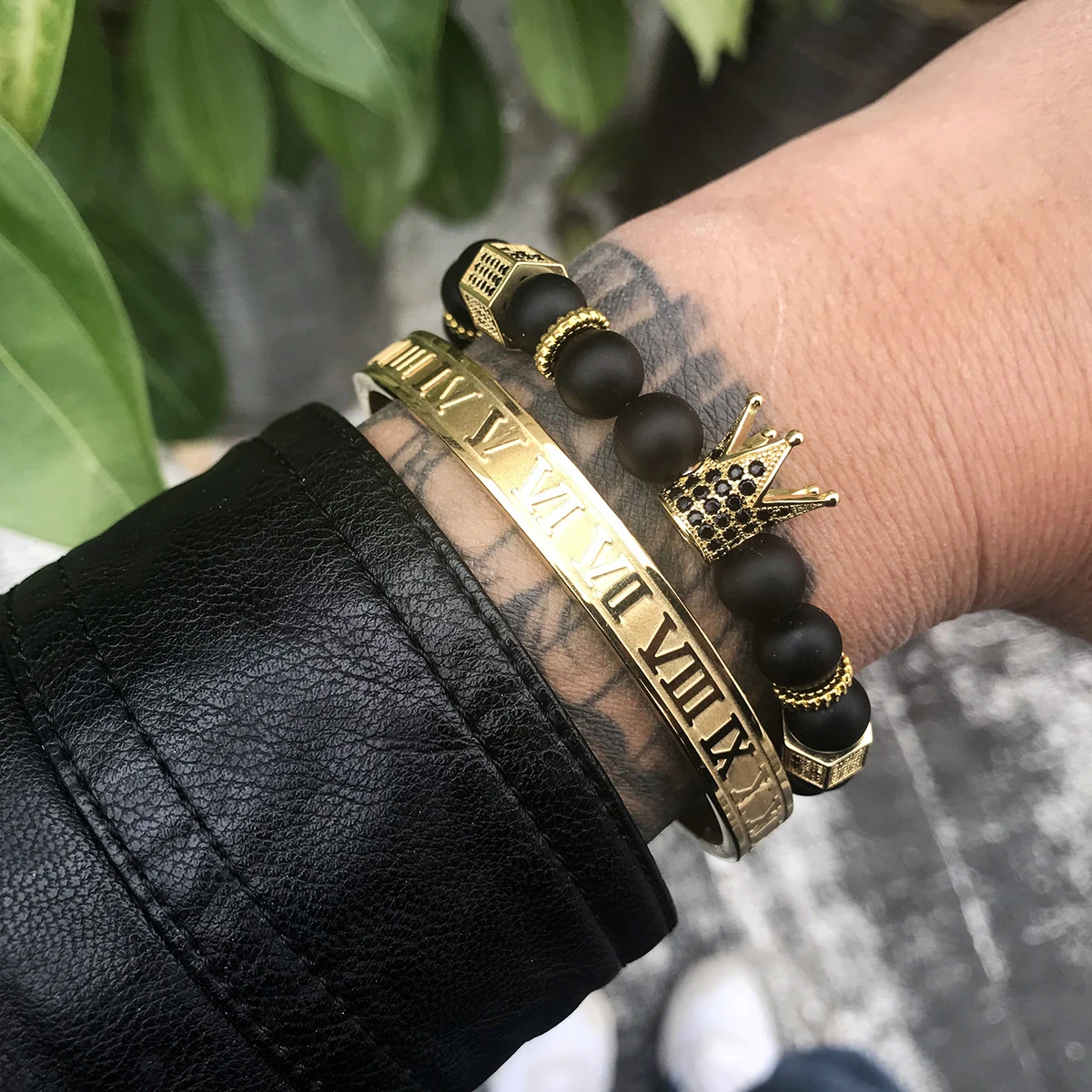 Роскошный браслет Мужская Корона выложенная фианитами бусины из нержавеющей