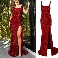 sparkle red slit leg mermaid long cocktail dress sequin stretchy velvet square neck sleeveless party graduation autumn sexy gown