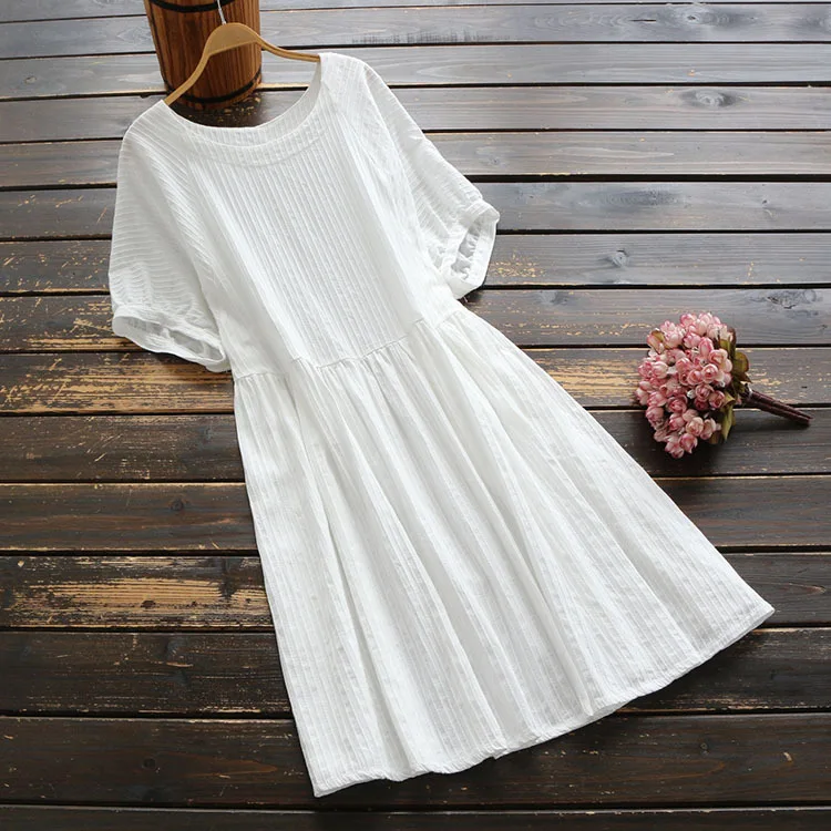 

6504New Summer Women's Artistic Simple Pure Color Pullover round Neck Waist HuggingaChinese-Style Cotton Dress