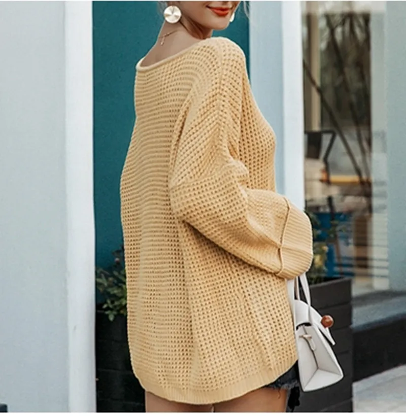 

Pullovers Solid Knitted Pockets Loose Oversize Sweater Women Autumn Winter Warm Soft Knitwear V-neck Fashion Ropa Mujer Invierno