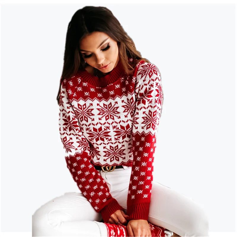 

1208 Модные женские рождественские свитера, пуловеры, топы, повседневный вязаный свитер с длинным рукавом и круглым вырезом, Осень-зима