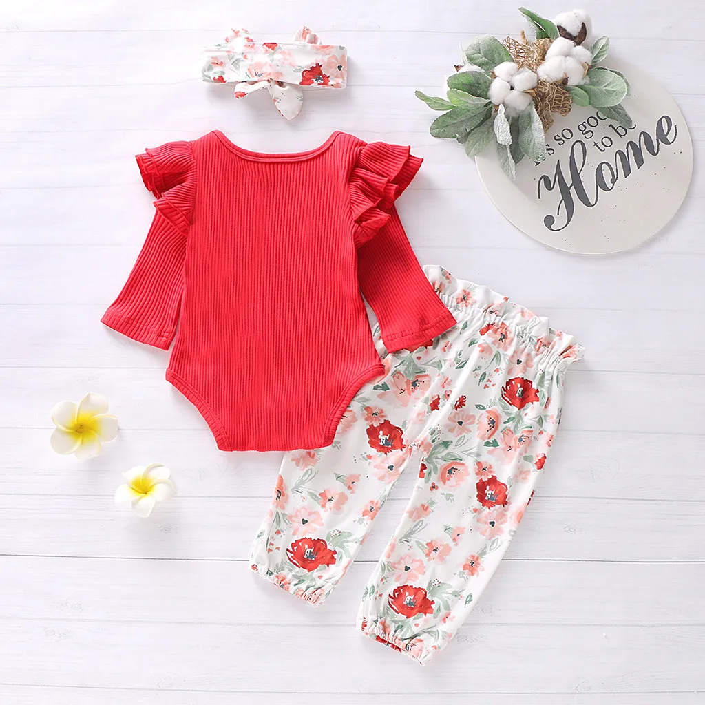 Детский комбинезон с оборками однотонный комплект из брюк цветочным принтом и