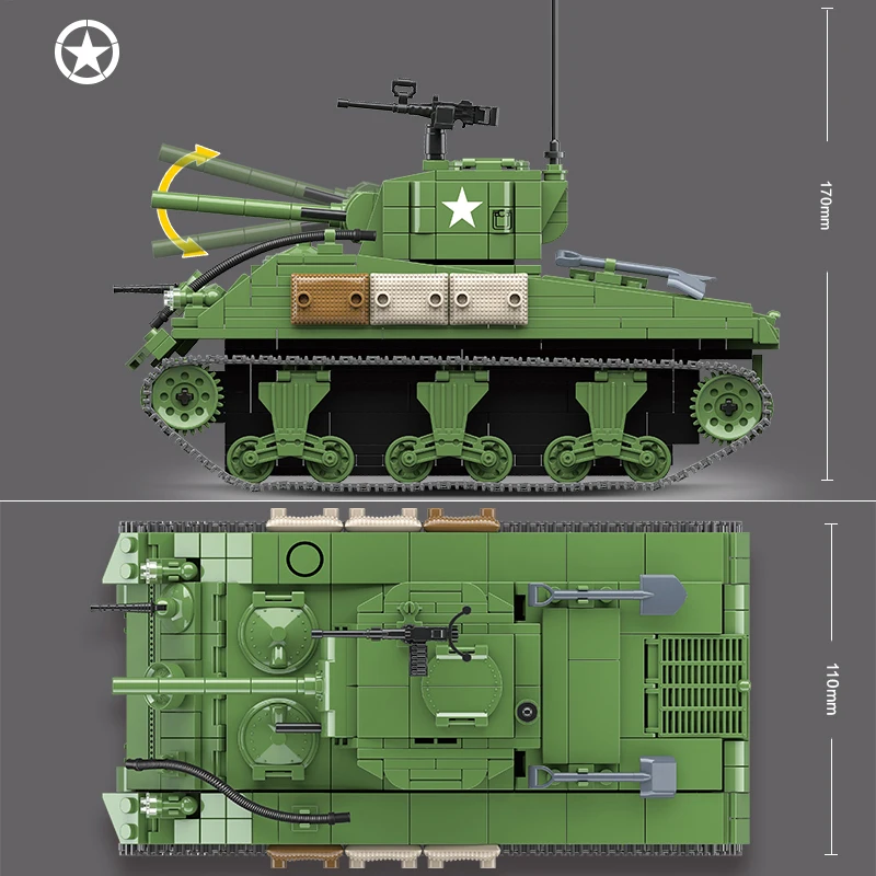 Конструктор Военный Шерман M4A1 726 шт. танк техника городская полиция WW2 солдат