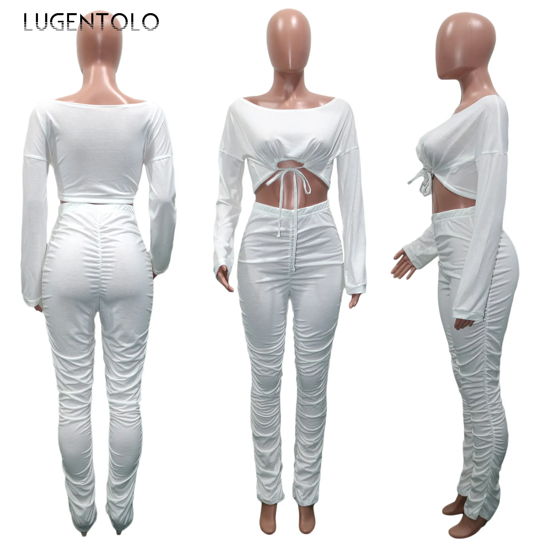 

Women 2 Piece Set Autumn Sports Simple Fashion Casual Round Neck Solid Set Pleated Drawstring Long Sleeve Pants Sets Lutgentolo