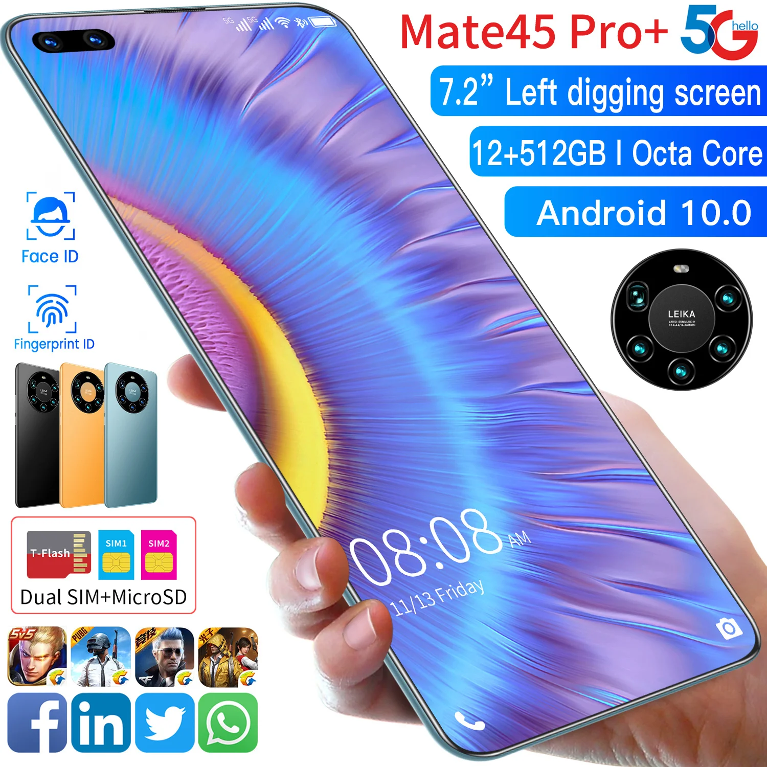 Mate45 Pro-tel&eacute;fono inteligente versi&oacute;n Global, m&oacute;vil con pantalla completa de 7,2 pulgadas, Octa Core, 24MP + 48MP, 8GB, 256GB, red 4G LTE 5G-5
