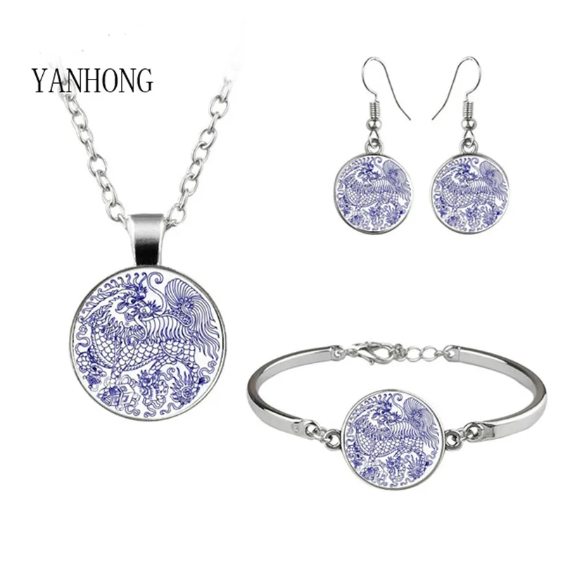 

Chinese blue and white porcelain Dragon King necklace bracelet earrings set for girls birthday gift, popular jewelry manufacture
