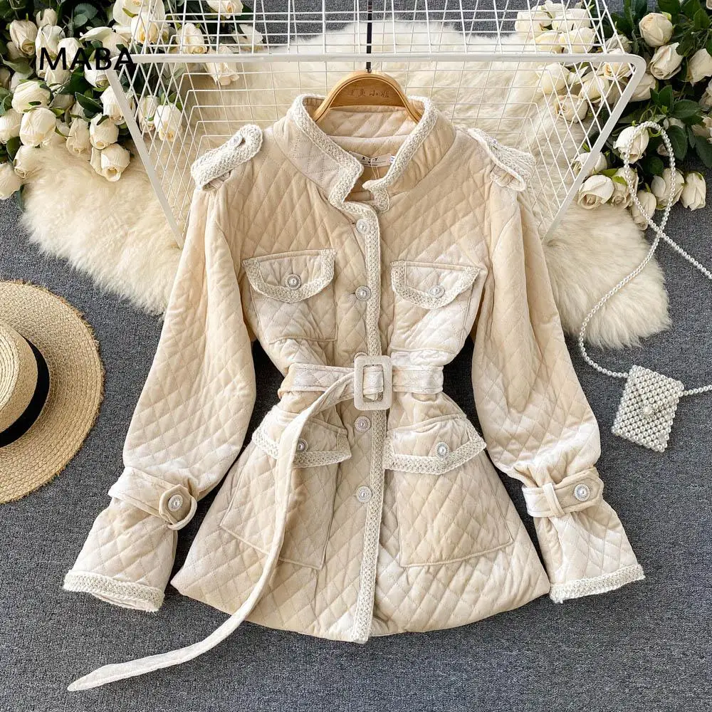 

Women Argyle Cotton Padded Jacket 2021 Winter Ladies Stand Collar Long Sleeve Solid Slim Sashes Vintage Coat Wadded Jackets