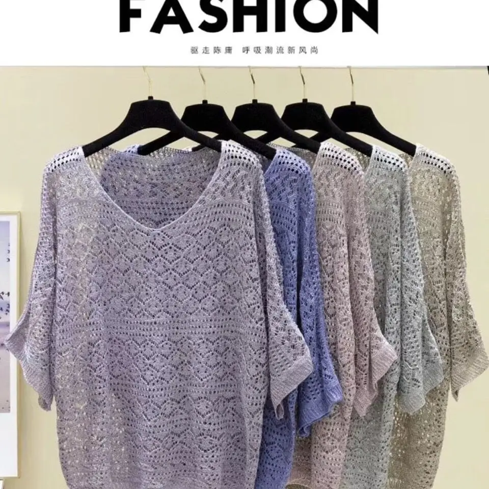 

Five-point Sleeve V-neck Hollow Knitted Sweater Women Thin Loose Bat Sleeve Hollow Fashion Sweater Pullover Female Spring Summer