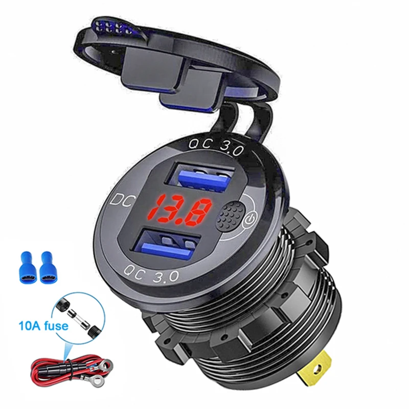 Quick Charge 3.0 36W Car Dual USB Charger QC3.0 Aluminiun Waterproof with Voltmeter Switch for 12V/24V Motorcycle Boat Marine RV |