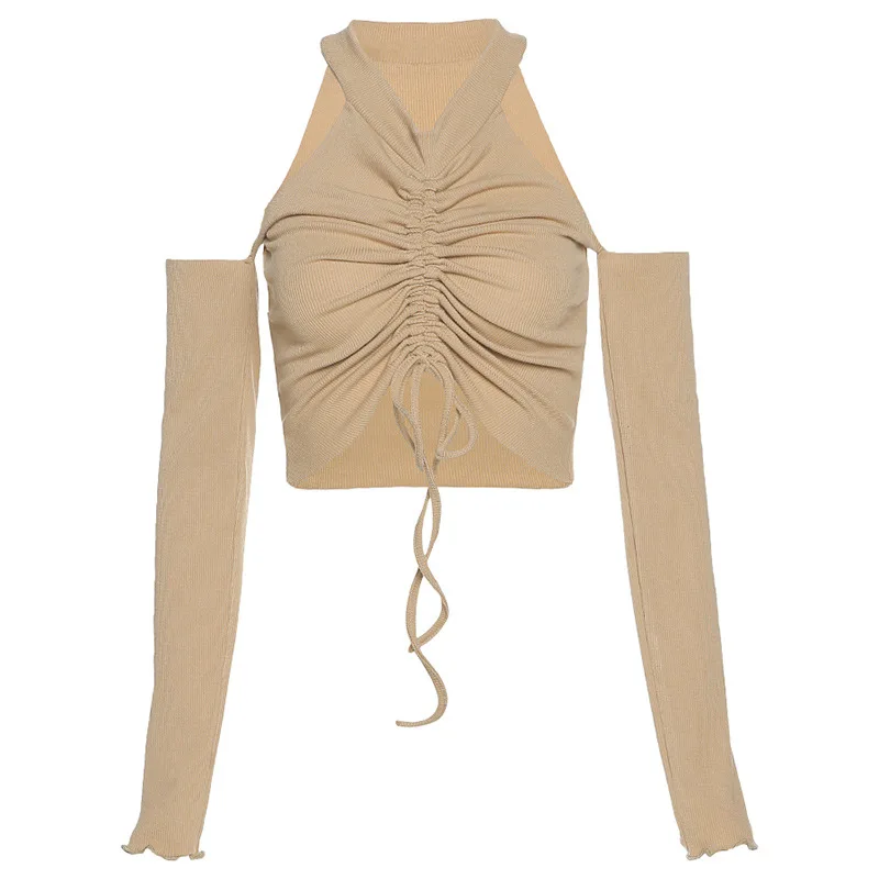 

XUXI Women, T-shirt, Spring Autumn 2021, New, O Neck, Long Sleeves, Adjustable, Straps,Slim Fit, Fashion, T-shirt, Female, E582