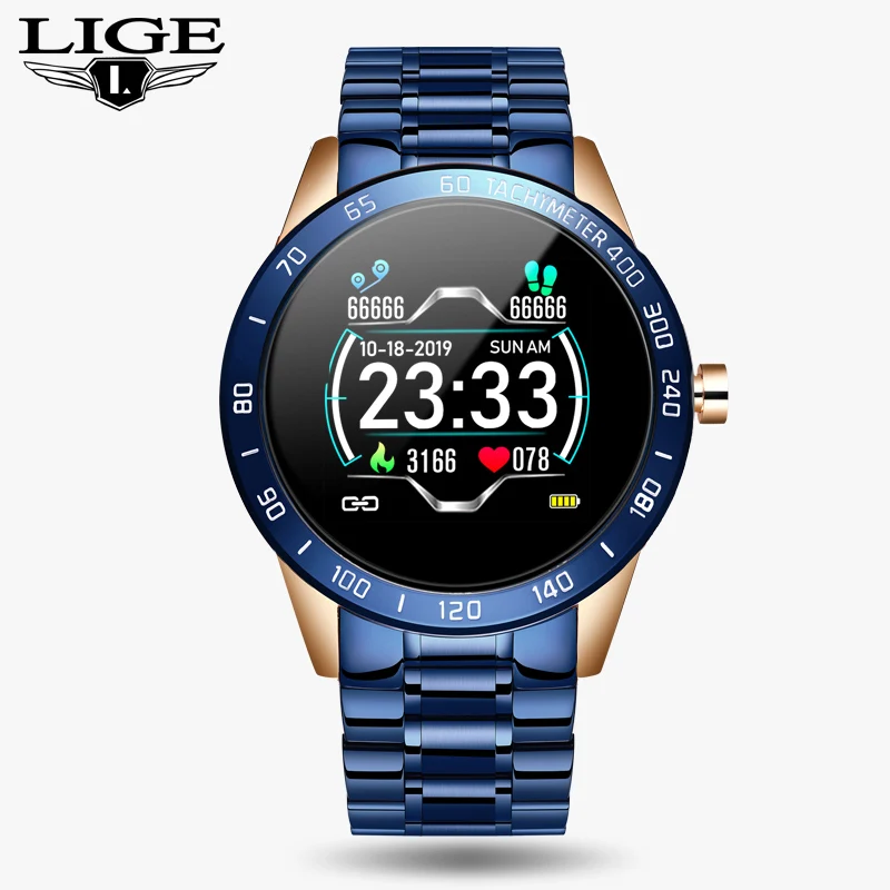 Blue S LIGE новые стальные Смарт-часы мужские кожаные Смарт-часы спортивные для iPhone пульсометр кровяное давление фитнес-трекер умные часы - Цвет: Blue S