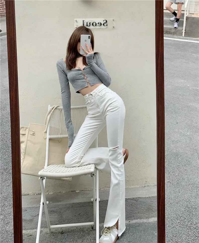 

Стильные рваные узкие джинсы с разрезом, женские темпераментные облегающие джинсы в Корейском стиле с завышенной талией