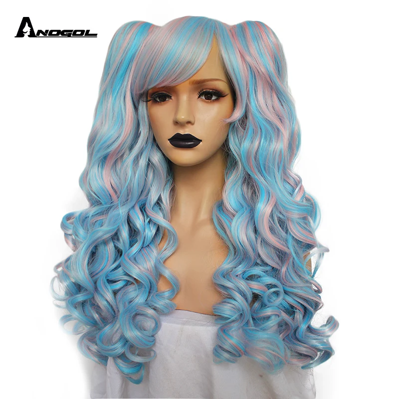 Blue Mix Pink ANOGOL длинные волнистые Лолита высокая температура волокно коричневый розовый красный черный блонд многоцветные синтетические Косплей парики 2 хвоста - Цвет: Blue Mix Pink