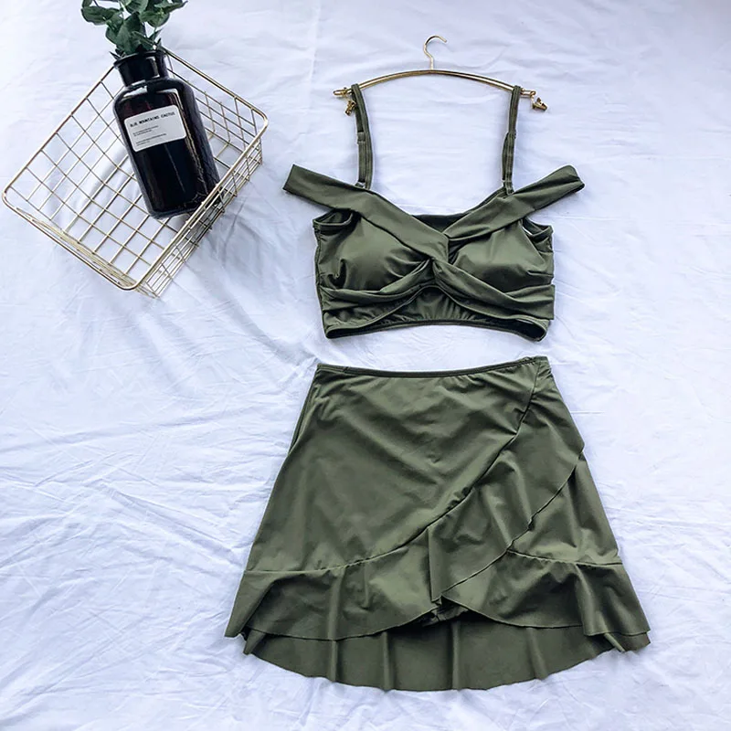 

2020 New Women Swimwear Two Piece Swimsuit Skirt Bikinis High Waist Push Up Cute Japanese Solid Color Bathing Suit Swimdress