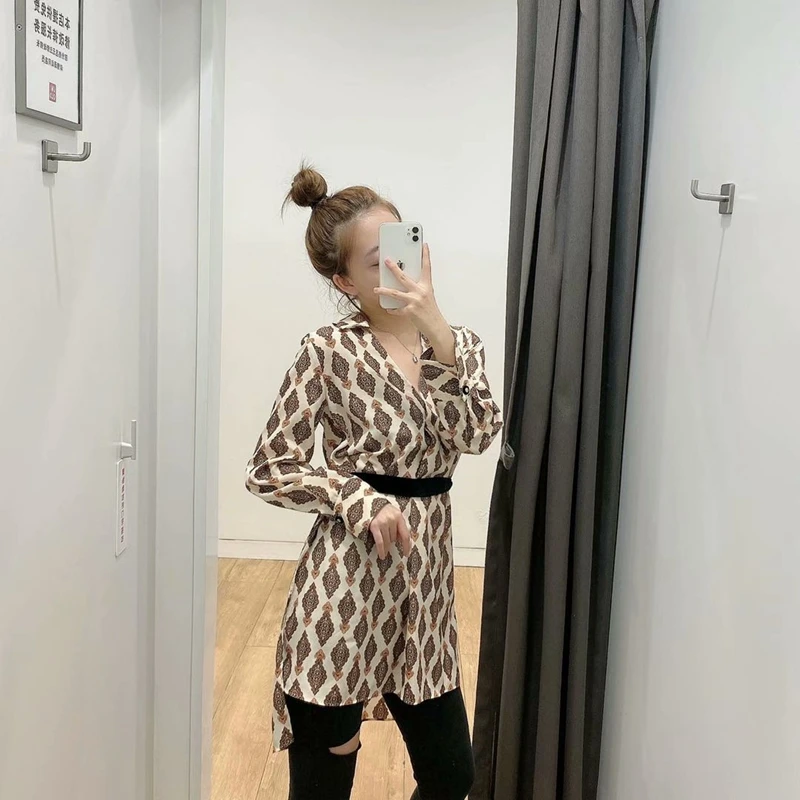 

Fashion Slim Floral Long Blouse Women V neck Vintage Printed Split SHirts Long Sleeves With Sashes Spring Female Tops NX9833