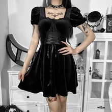 Robe gothique Lolita trapèze à manches bouffantes pour femmes, tenue de soirée japonaise, Vintage, Sexy, en velours, taille haute, Emo Y2k  (2)