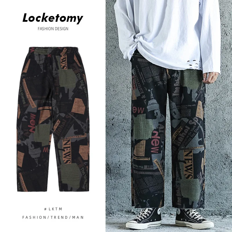 

Men's jeans retro printed knitted casual wide-leg pants loose straight-leg jeans fashion streetwear men's pants Мужские джинсы