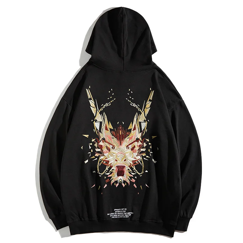 

Dragon Totem Embroidered Hooded Sweatshirt Hip Hop Loose Streetwear Hoodie 2021 Men Harajuku Cotton Casual Autumn Pullover Tops