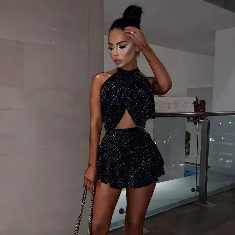 Sexy Women 2pcs Halter Vest Black Skirts Female Sequin Shiny Glitter Bodycon Backless Clothes Sets S-XL |