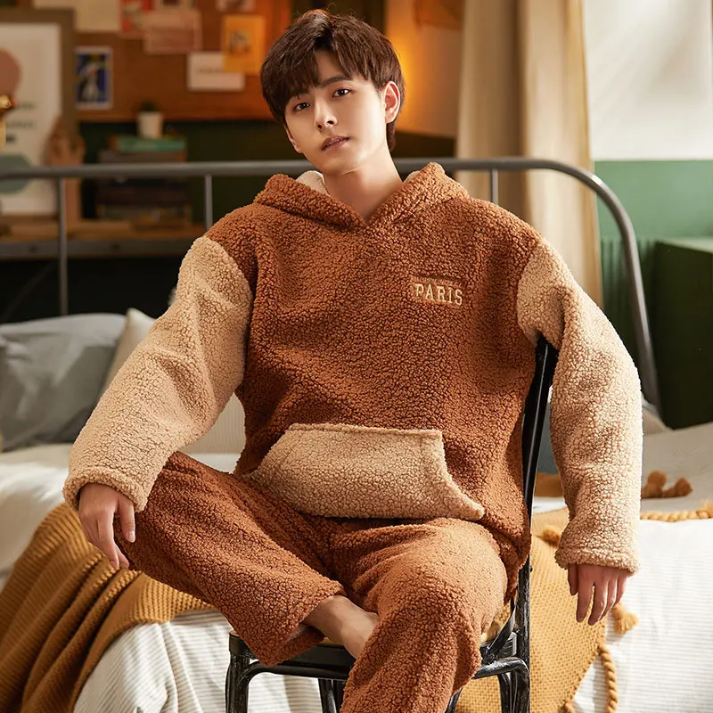 Winter Coral Velvet Pajamas Men's Thickened Flannel Warm Plush Hooded Homewear Set