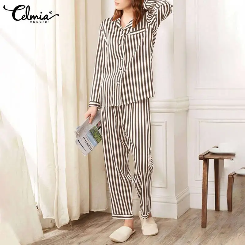 

Autumn Casual Loose Sleepwear Sets Spring Celmia 2022 Striped Pajamas 2pcs Sets Women Lapel Long Sleeve Shirt Elastic Waist Pant
