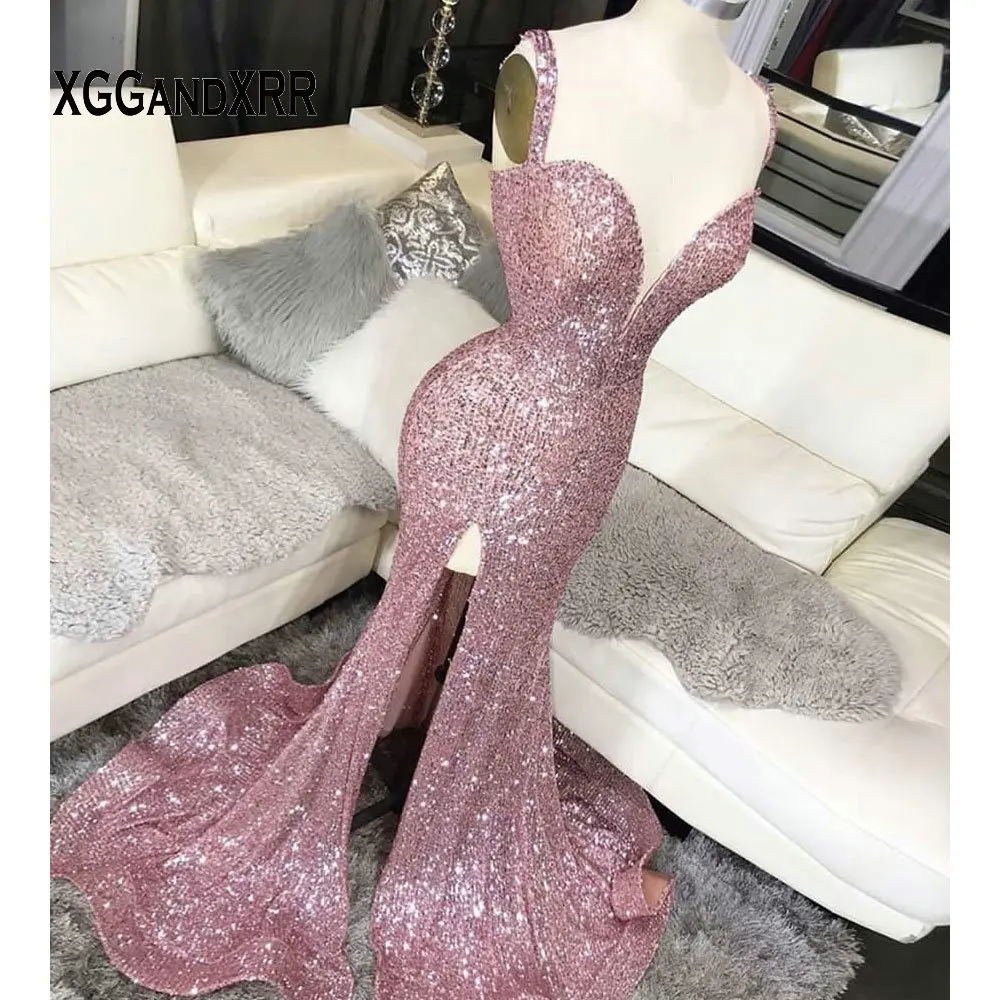 

Shining Mermaid Prom Dress 2020 Sequin Long Formal Evening Gown Sweetheart Spaghetti Backless Side Slit Sweep Train Plus Size