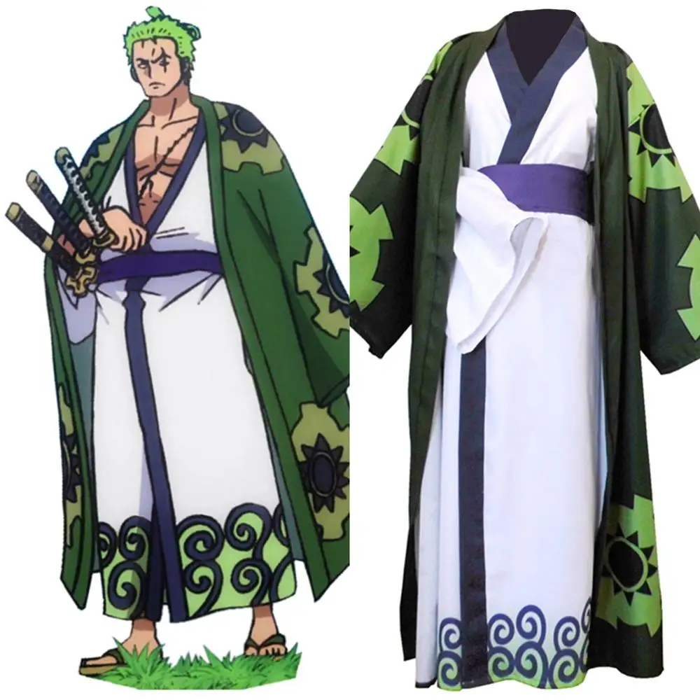 

Anime One Piece Roronoa Zoro Cosplay Costume Kimono Robe Full Suit ONE PIECE Slicked-back green wig Short Layer Roronoa Zoro Wig