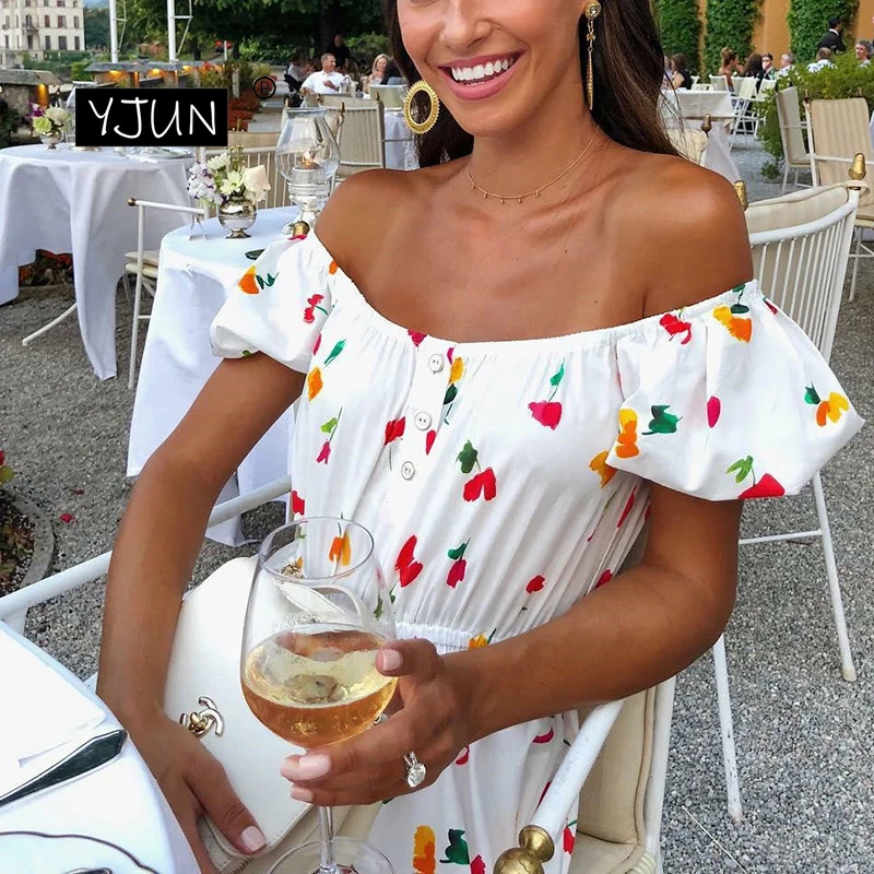 Summer Floral Dresses Maxi Sexy Off Shoulder Boho Puff Sleeve A-Line White Beach Long Dress Women | Женская одежда