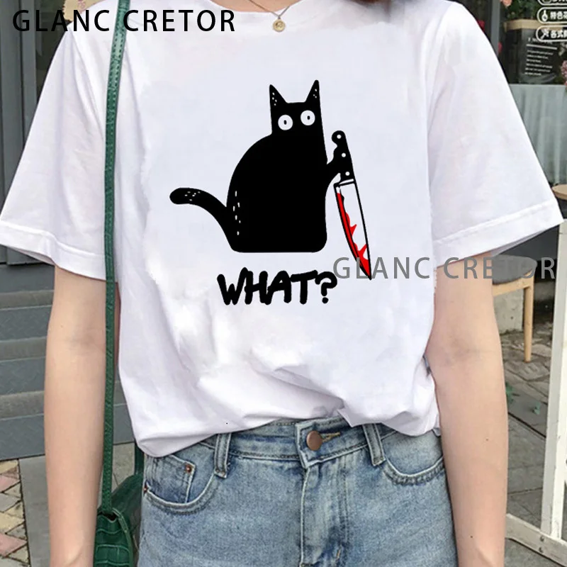 

Halloween Cartoon Tops Tees Femme Women T Shirt Black Cat Tshirt Murderous Cat Knife Women Funny T Shirt