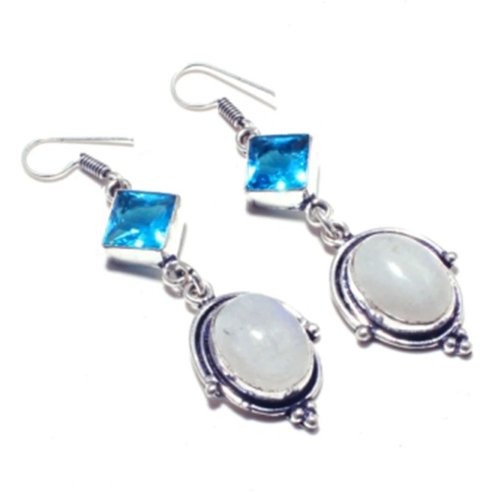 Серьги из меди с серебряным наложением радужного лунного камня 65 мм