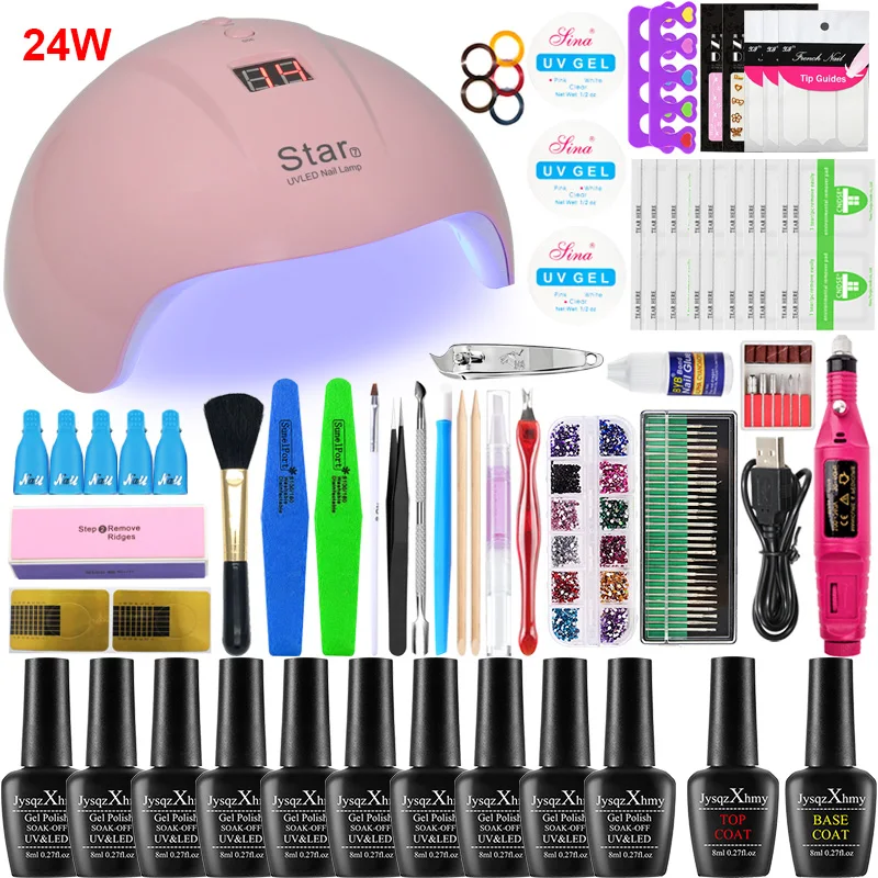 24W 10 colors Маникюрный набор 16/10 Pac Гель-лак для ногтей, база, верх, покрытие, лак для ногтей комплект 24/54 Вт лампа для ногтей, для маникюра, маникюрный набор для ногтей комплект Электрический Фрезер для ногтей, фрезер для маникюра и комплект - Цвет: 24W 10 colors