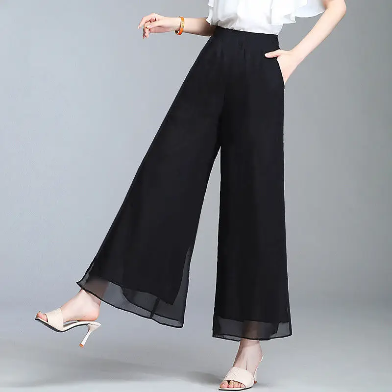 

Hot Sale 4XL Spring Summer New Korean Print Chiffon Wide Leg Pants Elastic Waist Leisure Pants Skirt Plus Size Trousers Y863