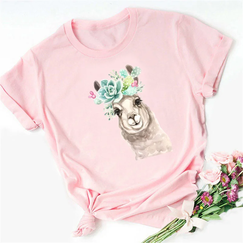 

Kawaii Cartoon Flower Alpaca Animal Print Women Short Sleeve Casual Pink T-shirt Girls Harajuku Style Fashion Simple Clothes
