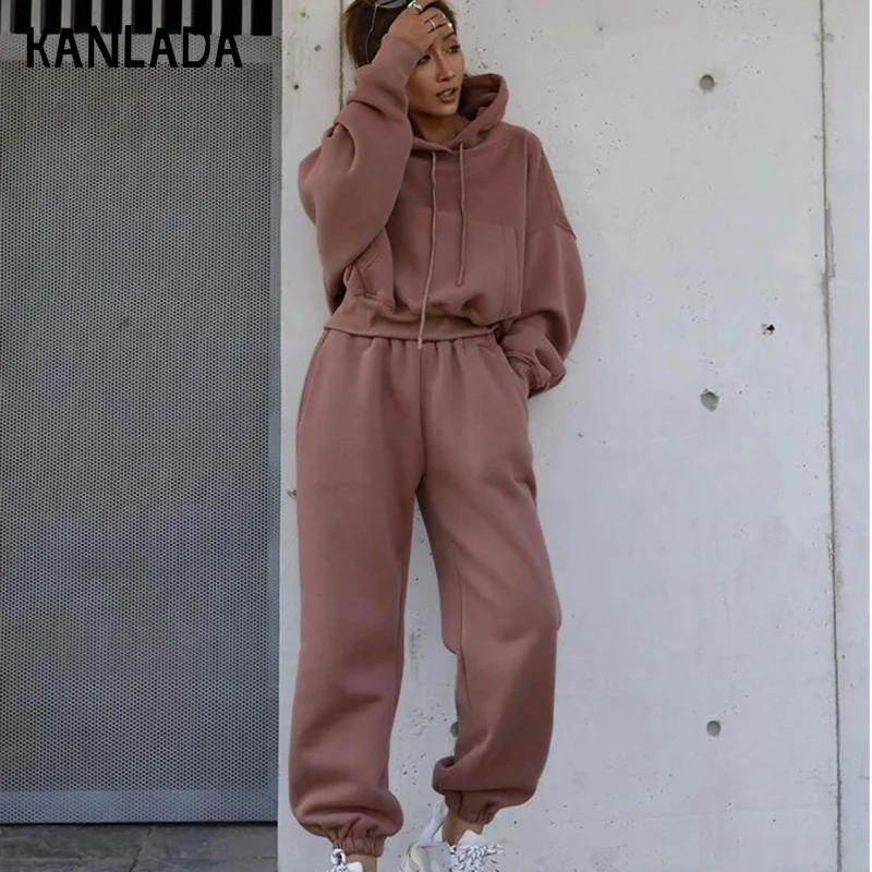 

Женская одежда, новинка 2021, модный однотонный спортивный костюм с длинным рукавом и капюшоном, женский спортивный костюм, комплект из двух п...