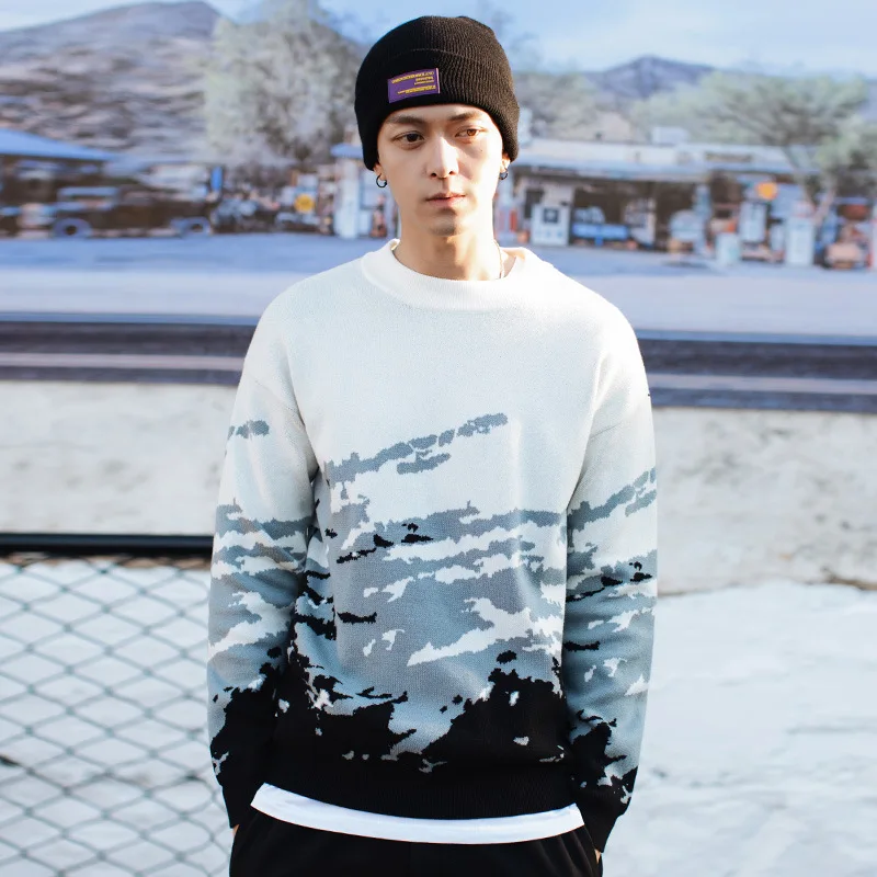 

2020 Spring New Tide Brand Sweater Men's Trend Gradient Color Jacquard Men's Round Neck Pullover Sweater Casual Japan Style