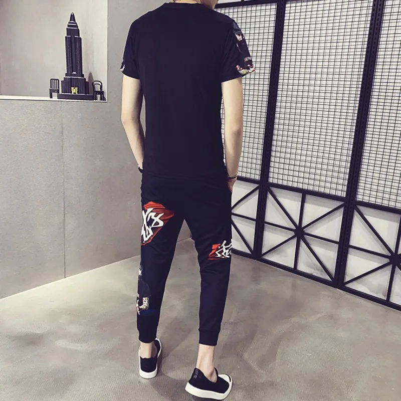 

Harajuku Printed Short Sleeve T-shirt Summer Mens Two Piece Sent Joggers Tracksuit Elastic Waist Pants Slim Fit Sets Plus Size