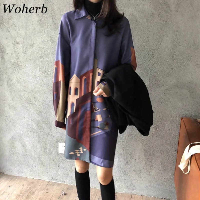 Woherb, Осеннее длинное платье-рубашка, женские повседневные блузки больших размеров, топы с принтом Harajuku, длинные блузы, женская Свободная блузка 20714