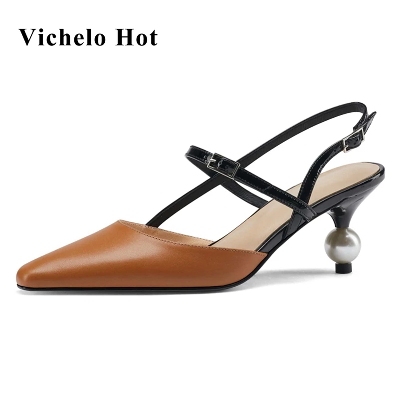 

Vichelo Hot genuine leather pointed toe strange style mixed colors pearl mature sling back buckle straps women sandals shoes L25