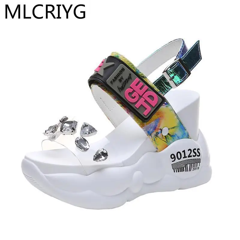 

New Platform Color Matching Rhinestones PVC Open Toe Sandals 2021 Summer Fashion Wedges Transparent High Heels Women Sandals