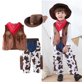 Baby Clothes Boys Cowboy Costume For Kids Children Cosplay Clothing Sets Vest+Trousers Pants+Scarf+Hat 4pcs Toddler Outfits Suit 1