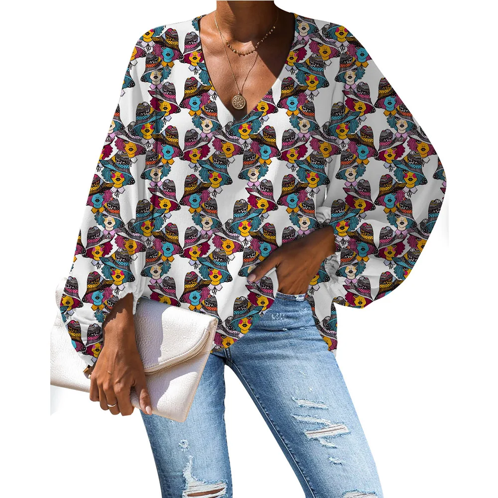 

NOISYDESIGNS Long-sleeve Blouses For Women Summer Loose V-neck Sexy Tops Cute Girls Printed Female Plus Size Shirts Ropa Mujer