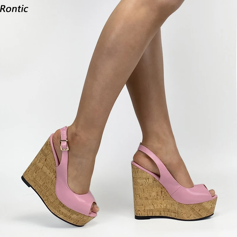 

Rontic Classics Women Platform Sandals Wedges Heels Peep Toe Gorgeous Light Pink White Black Party Shoes Size 34 45 47 52