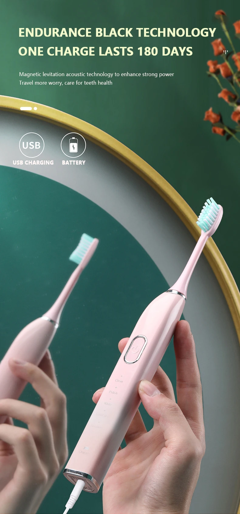 2021 Latest Sonic Electric Toothbrush 5 Modes Whiten Teeth Rechargeable Waterproof Electronic Brush 6 Replacement Heads Holder