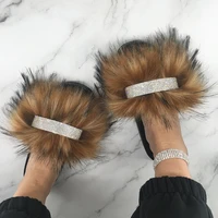women flip flops summer faux fur slippers indoor furry slides for women big fur slippers shoes crystal fluffy sliders sandals